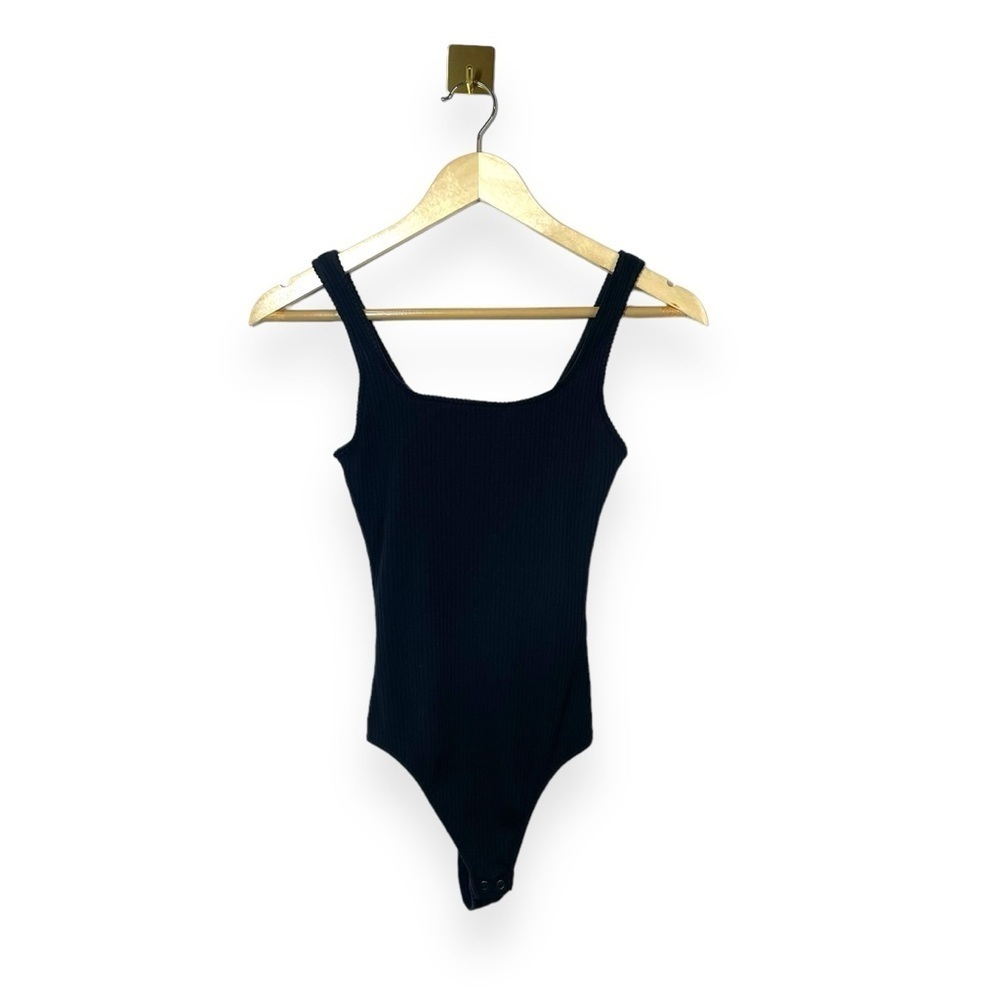 Black Ribbed Tank Bodysuit Snap Bottom Stretch Minimalist Women XS